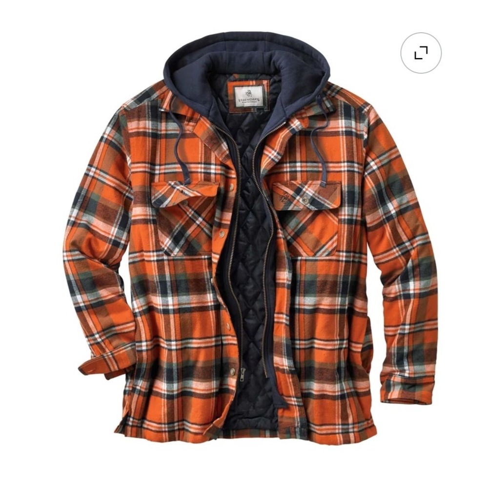 Legendary Whitetails Mens XL Orange Plaid Quilted Lined Hooded Flannel Jacket